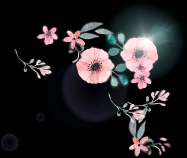 Glowende Pienk Blomme Donker Agtergrond Muurpapier
