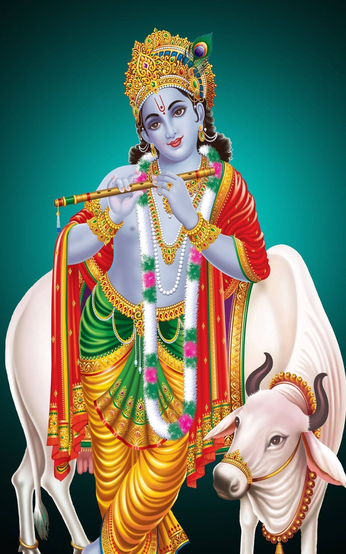 Goddelike Krishna met Heilige Koe - Selfoonagtergrond Muurpapier