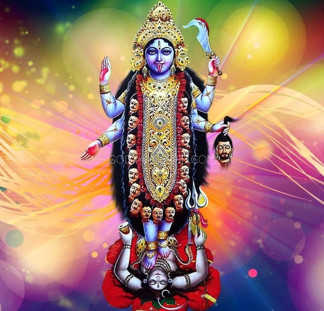 Goddelike Maa Kali dans op Lord Shiva - 'n Reënboog-estetika Muurpapier