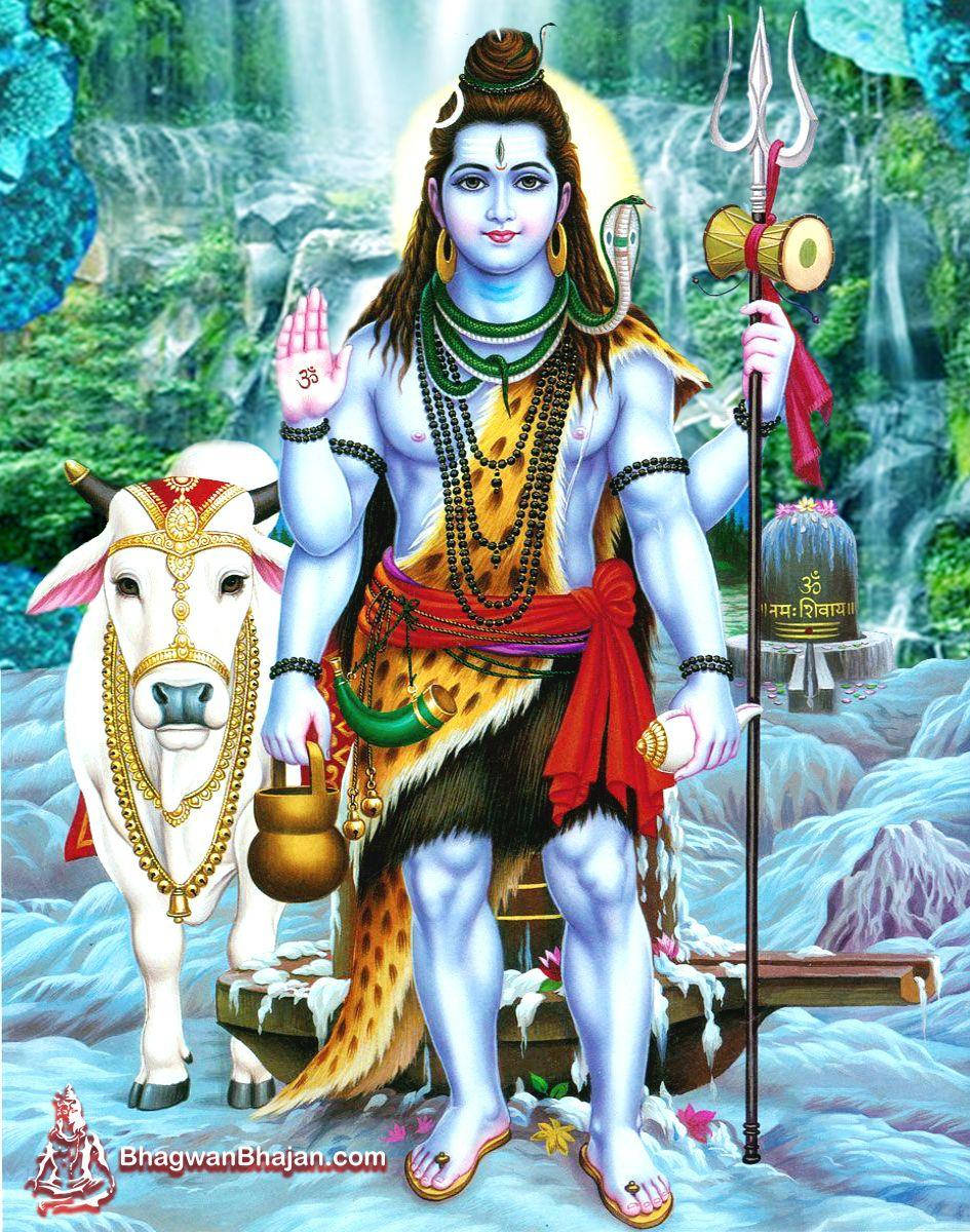 Goddelike Shiv Shankar in Majestueuse Watervalle HD Muurpapier