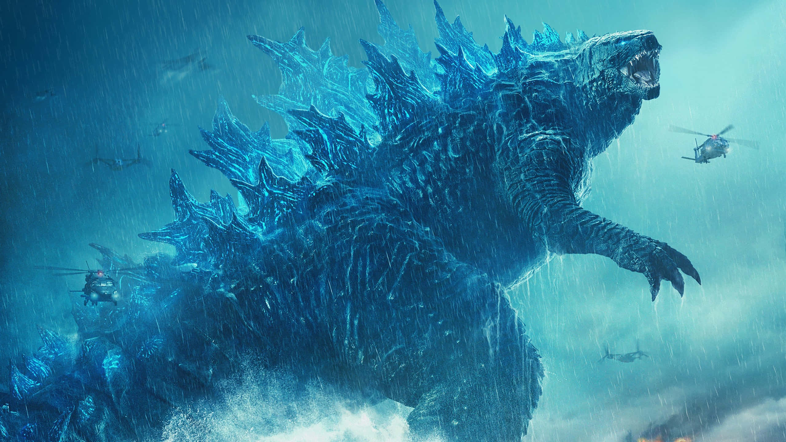 Godzilla Blou Neonligte met Helikopters Prent Muurpapier