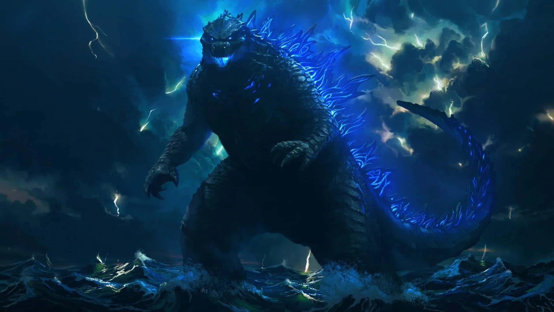 Godzilla Neon Blou Lig Bo See Prent Muurpapier