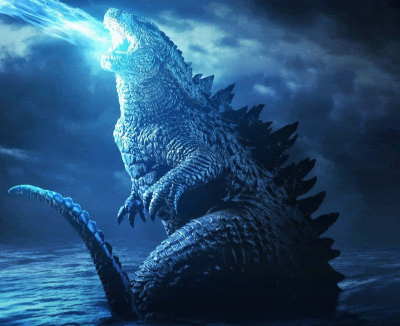 Godzilla Neon Blou Laserstraal in die Oseaan Prent Muurpapier