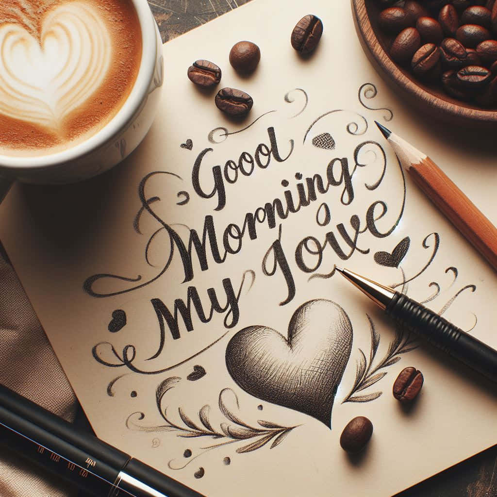 Goeie More My Liefde Koffiekuns en Kalligrafie Muurpapier