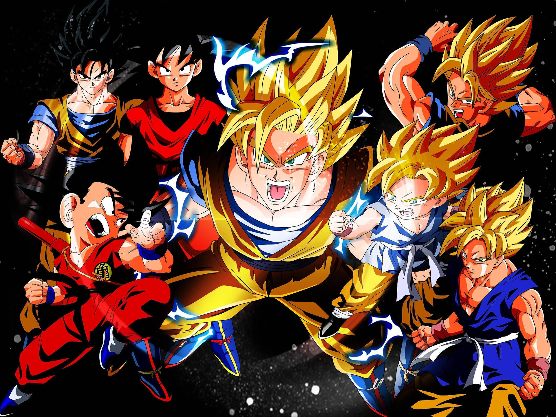 Verskeie Super Saiyan-stadiums van Goku-muurafbeelding.