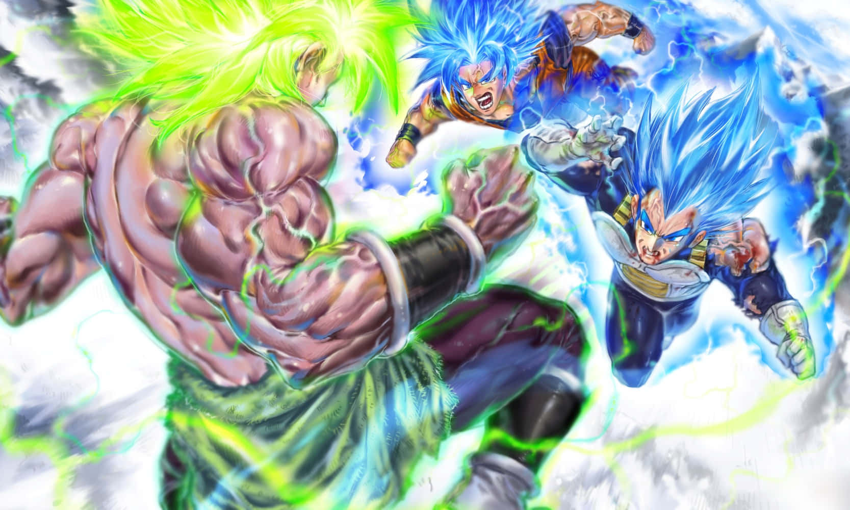 Goku en Vegeta veg teen Broly in Dragon Ball Super Broly. Muurpapier