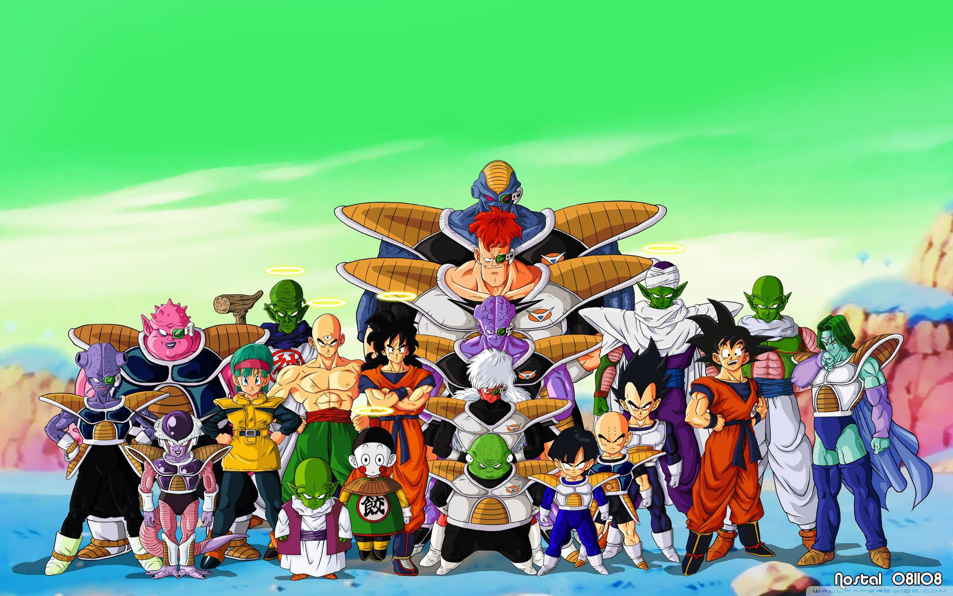 Dragon Ball Z karakters op planeet Namek met San Goku, Piccolo en ander androïede. — Dragon ball super GIF Muurpapier