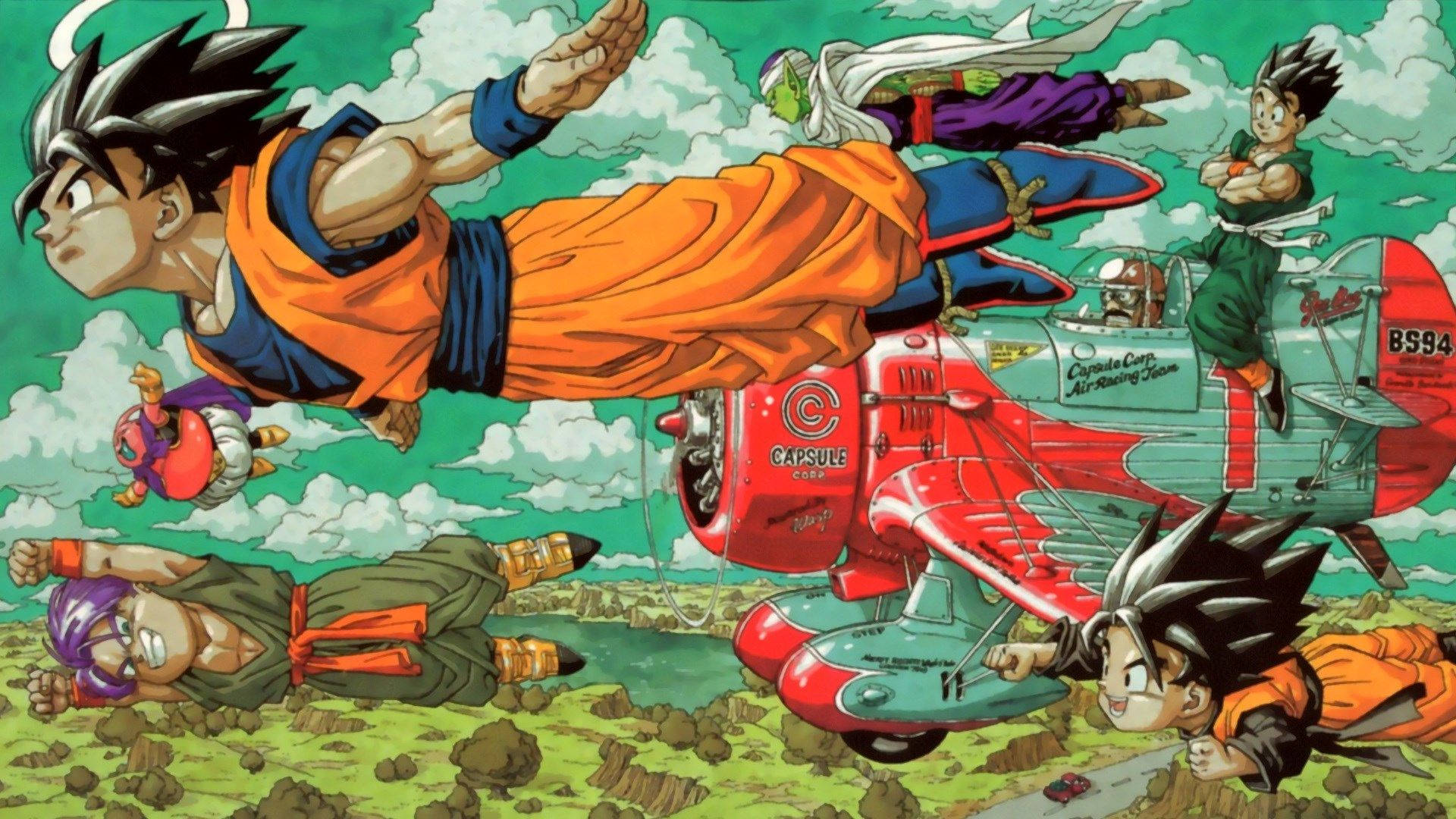 Dragon Ball Z San Goku met Gohan en Goten wat met 'n masjien vlieg, super saiyans karakters.