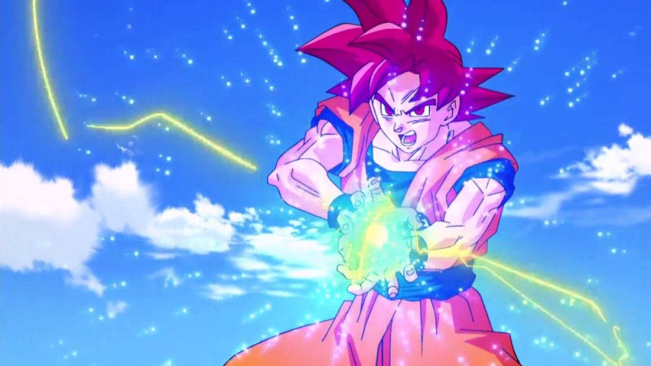 Dragon Ball Z Kamehameha-golf van San Goku met blou vuurbal, super saiyan anime.