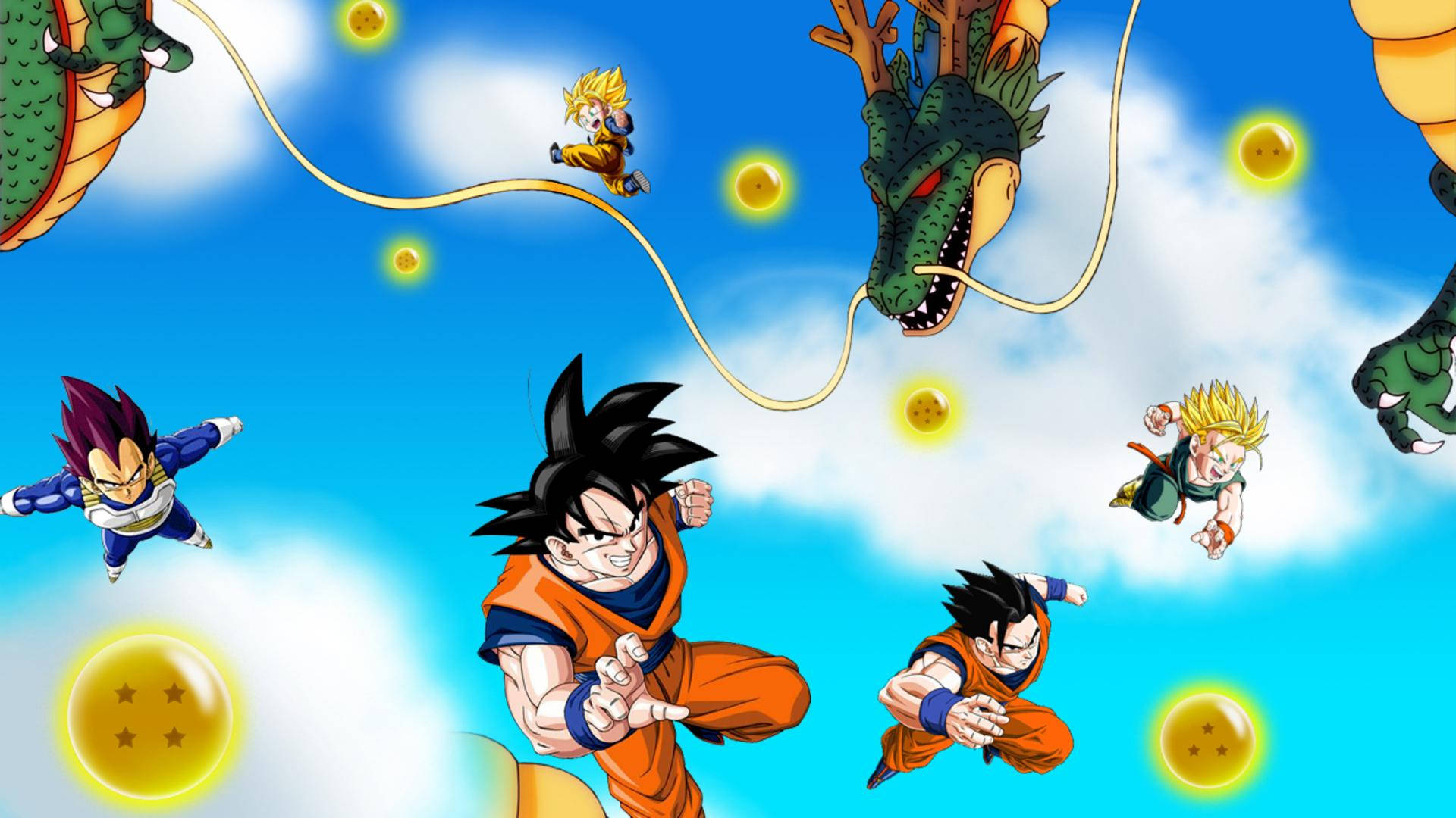 Dragon Ball Z super broly San Goku en Vegeta met groen draak Shenron wat met die draakballe sweef.