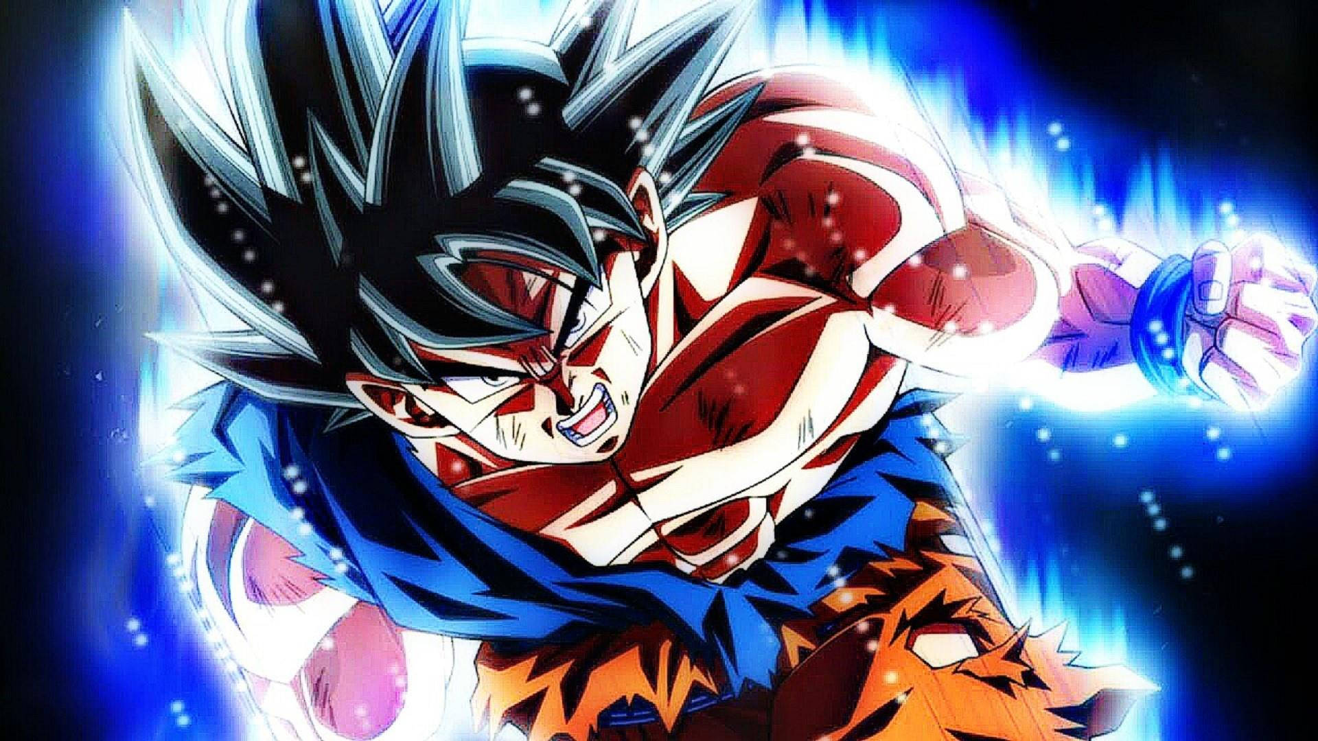Behangpapier van Goku met 'n flikkerende aura in sy Superior Instink-stadium.