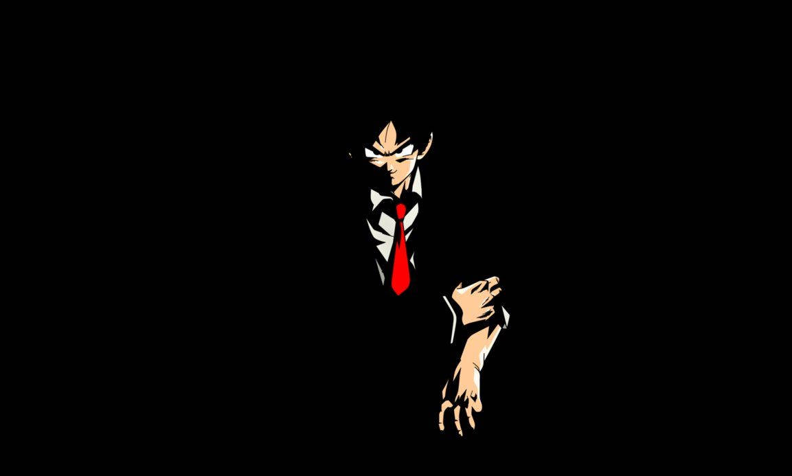 Goku-agtergrond in swart tuxedo en swart agtergrond.