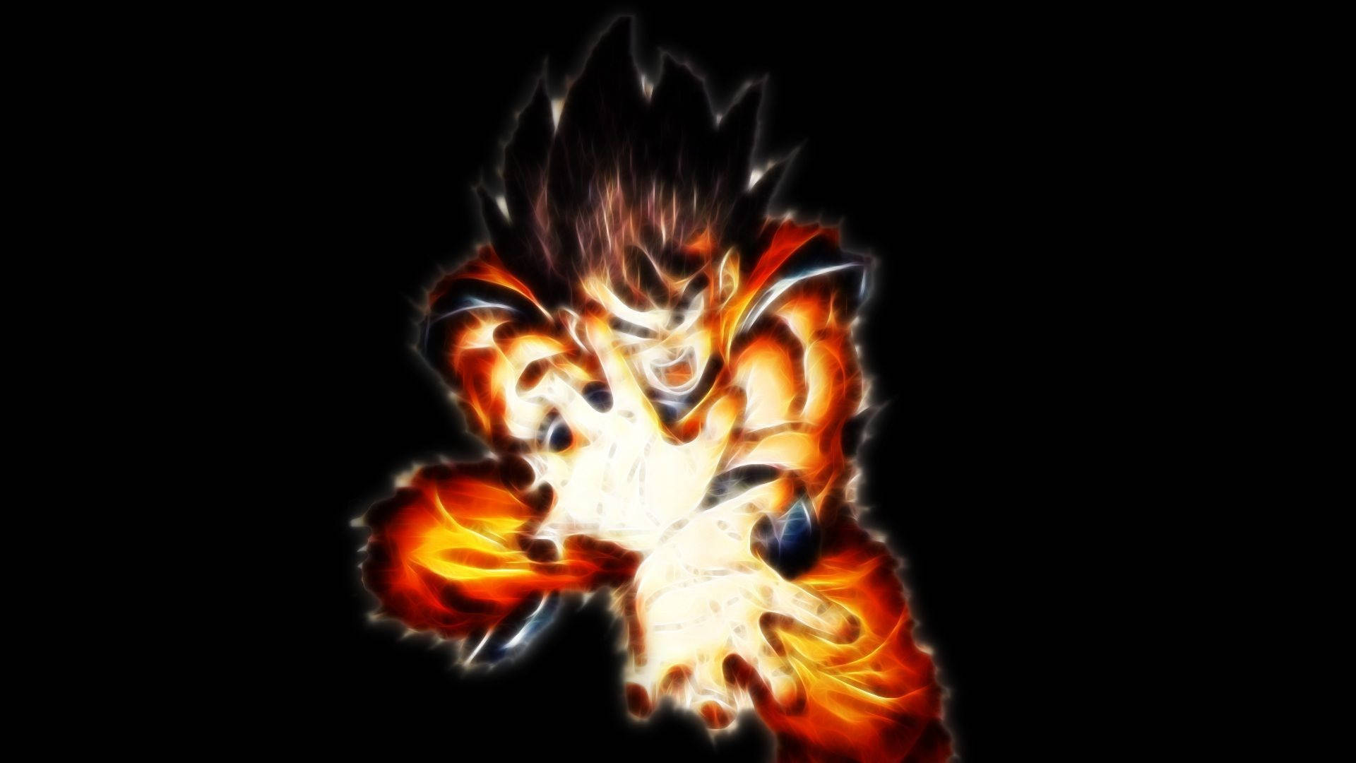 Dragon Ball Z super broly San Goku wat Kamehameha-golf in die donker skep. Geanimeerde tekenprent.