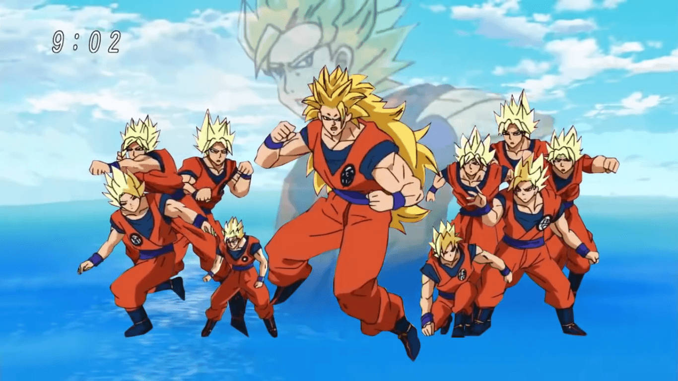Dragon Ball Z San Goku super broly, veelvuldige super saiyans in een, anime-karakter met spits geel hare. — Dragon ball super GIF Muurpapier