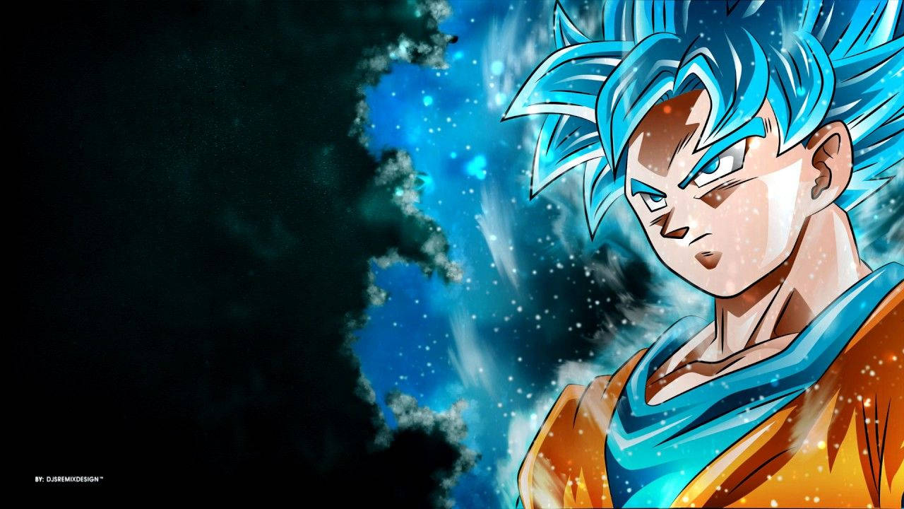 Agtergrond van Son Goku in sy Super Saiyan Blou-stadium in swart agtergrond.