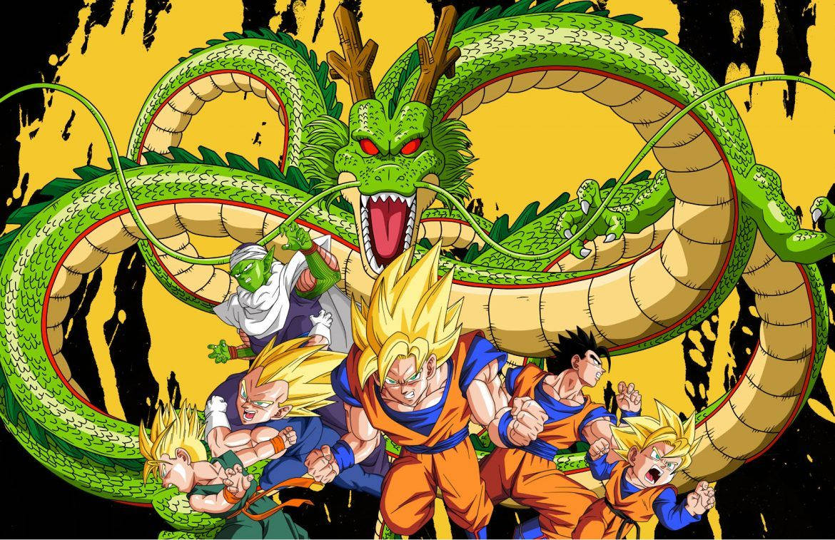 Dragon Ball Z San Goku en ander karakters in super saiyan-modus met Shenron die groen draak.