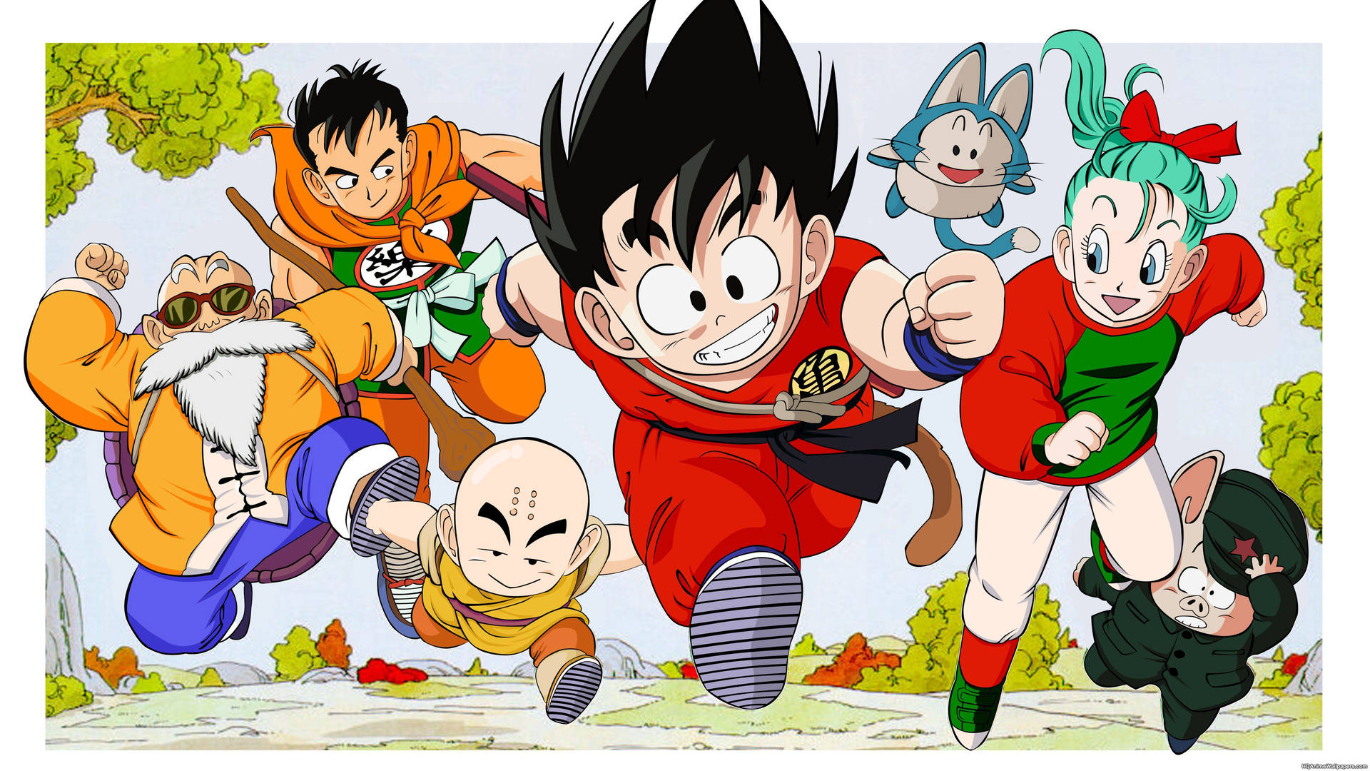 Jong San Goku en ander Dragon Ball Z-karakters wat op planeet Namek hardloop.
