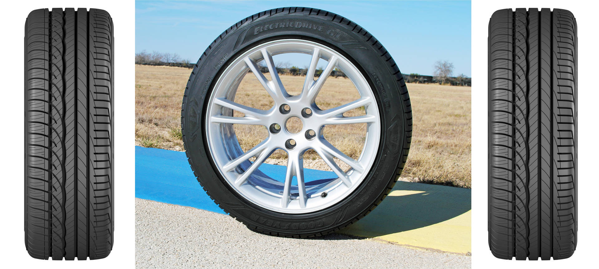 Goodyear-bande gemonteer op 'n Tesla Model Y Muurpapier