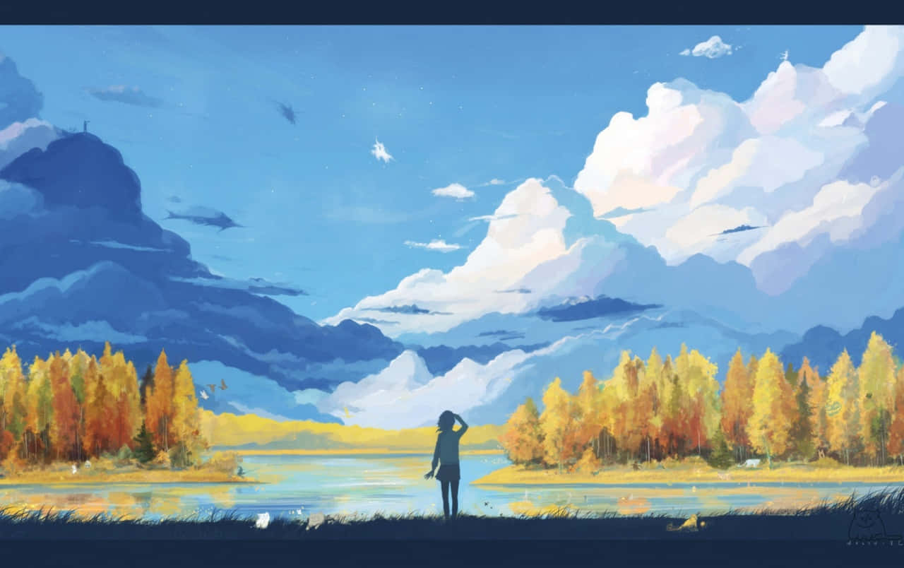 Google Anime wat Rivier in die Gesig staar — Anime landskap GIF Muurpapier