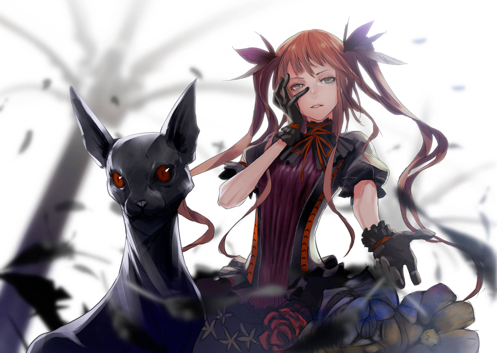 Anime-meisie in elegante gotiese klere wat langs 'n groot swart kat staan agtergrond — Anime meisie Muurpapier