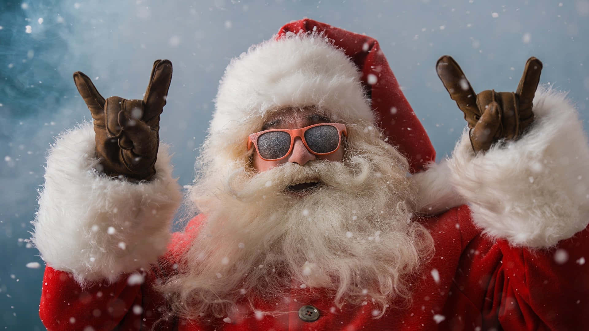 Grappige Kersfees Zoom Agtergrond Kersvader Rock en Roll Muurpapier