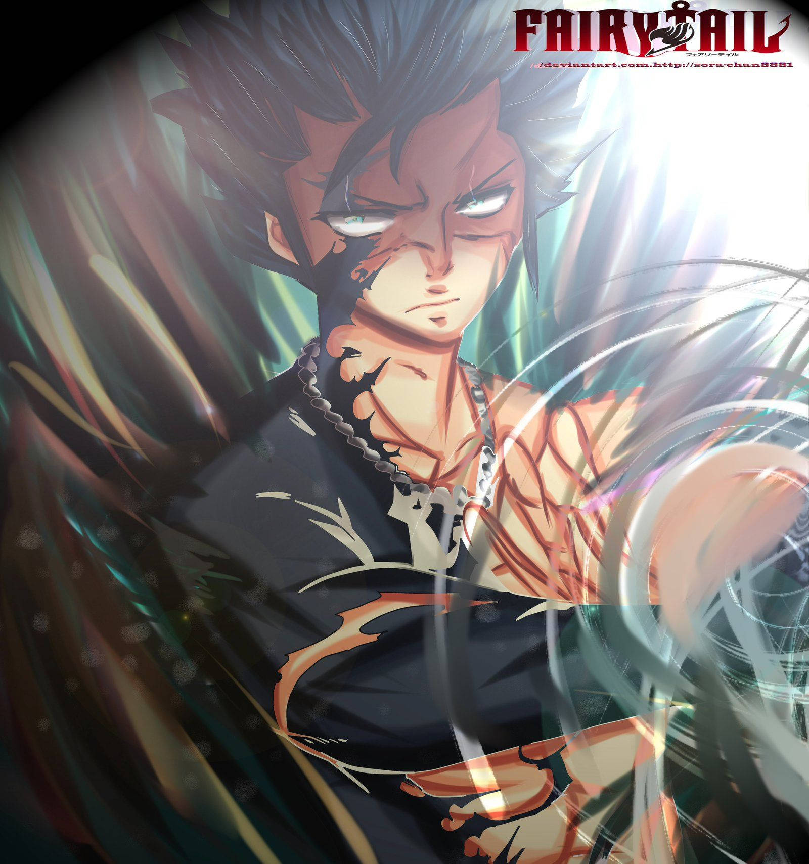 Wonderlike Demon Slayer-agtergrond van Gray Fullbuster met sy swart hare op en die helfte van sy lyf in swart bedek terwyl hy 'n silwer halssnoer dra, uit die anime Fairy Tail.
