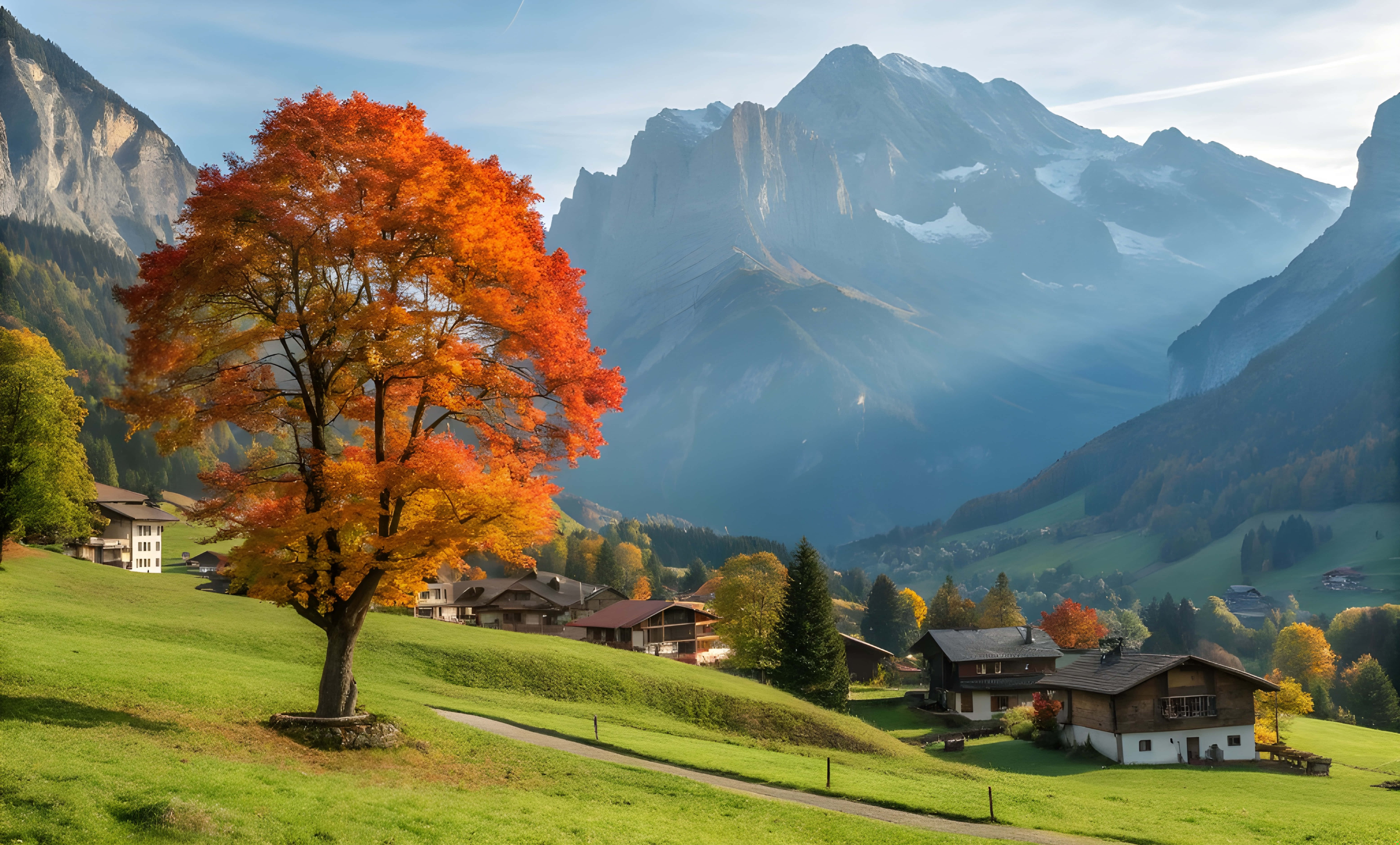 Grindelwald-dorpie en lemoenboom met blou berguitsig Muurpapier