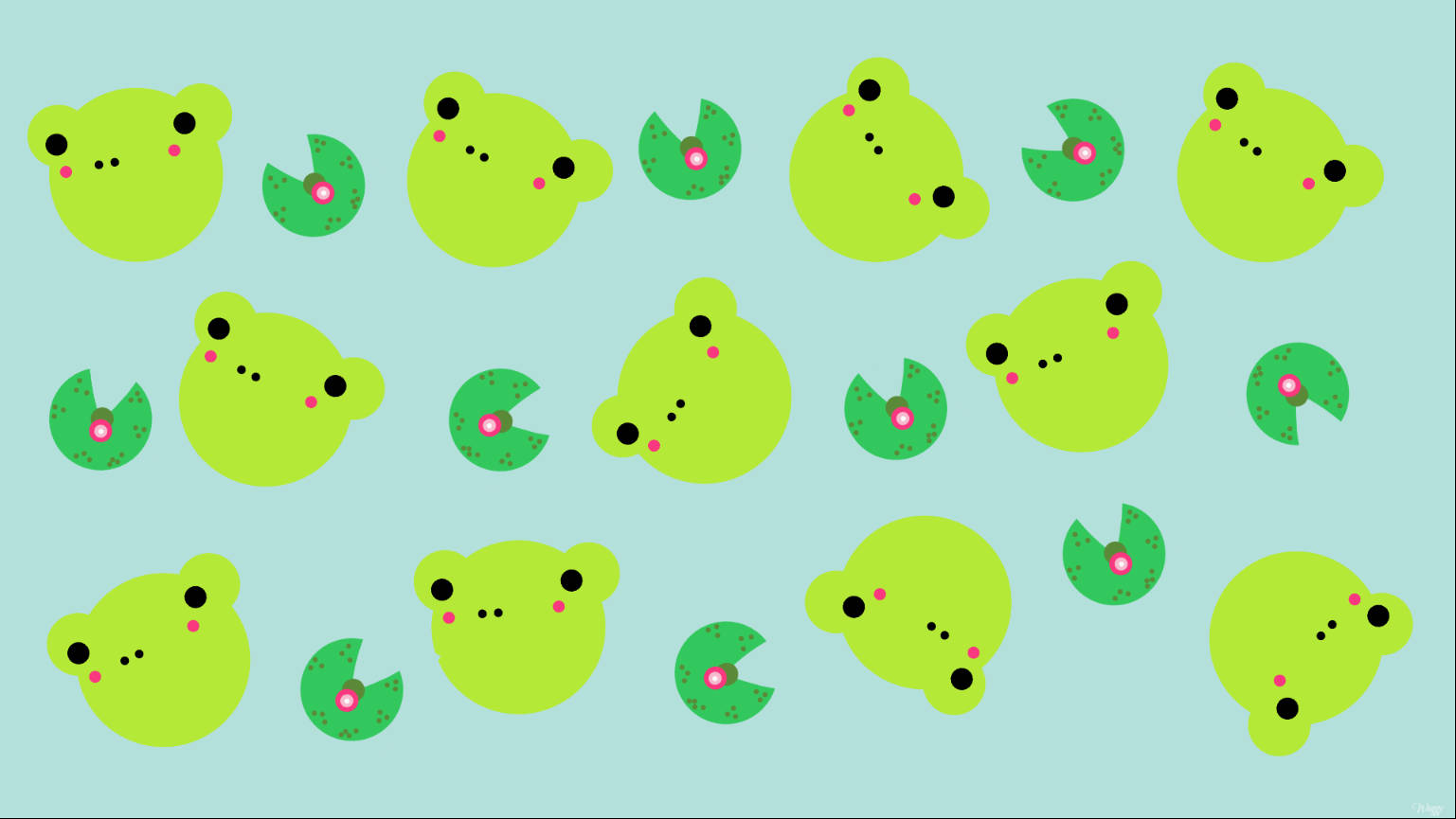 Groen en Geel Kawaii Padda Patroon Muurpapier