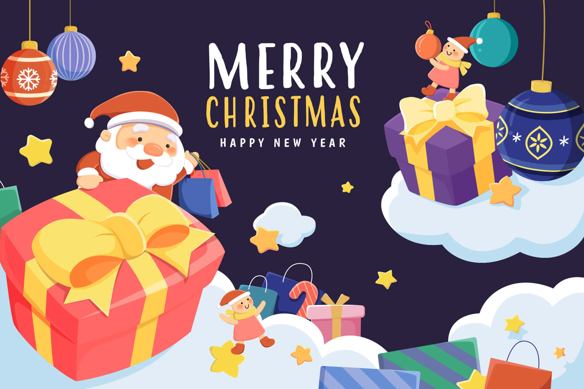 Groetekaart Met Kersfeeskabouters, Sinterklaas, En Geskenke Muurpapier