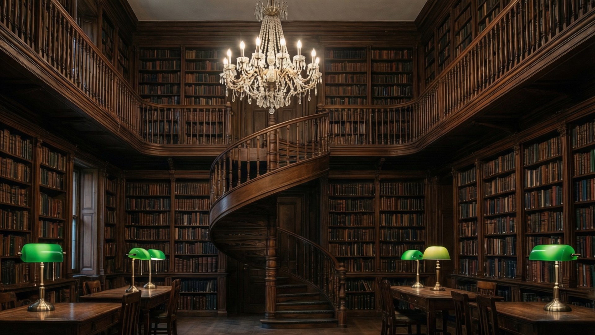 Majestueuse donker akademiese biblioteek met spiraaltrap en kandelaar. — Donker akademie Muurpapier