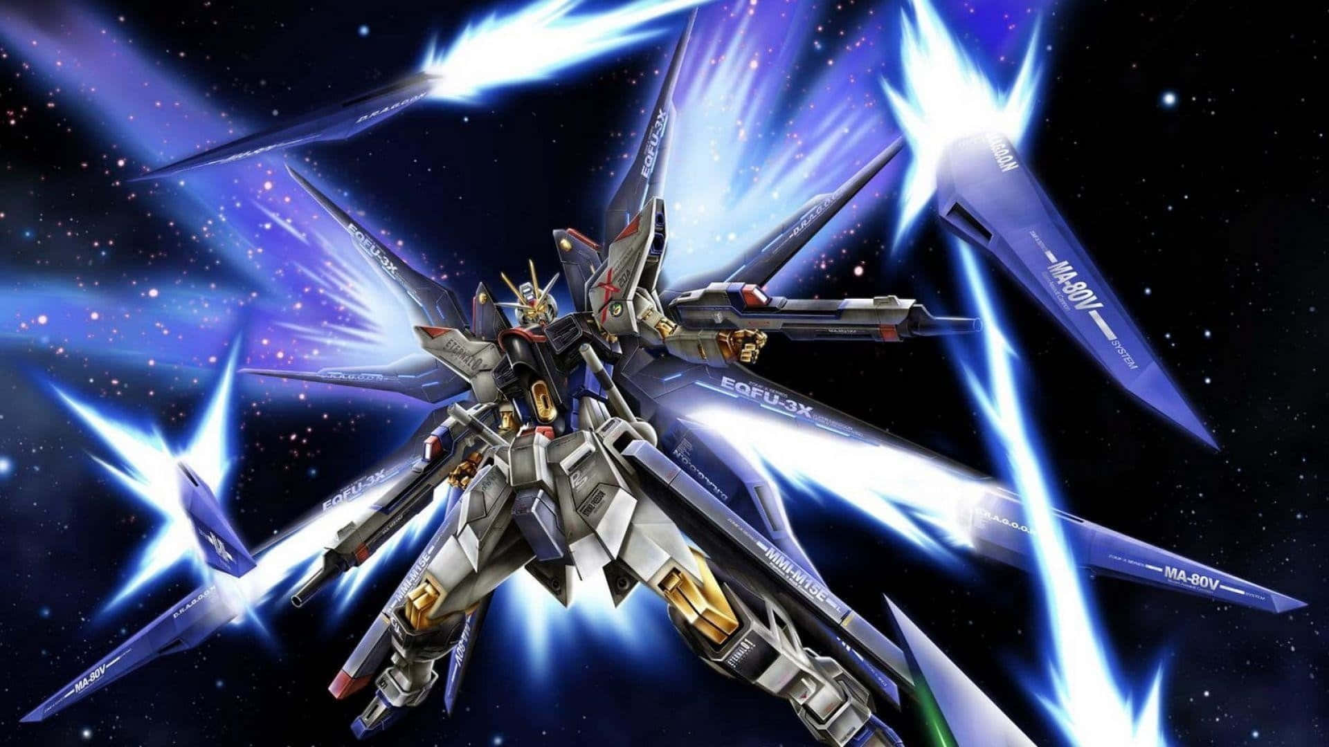 gundam 00 - 'n ruimteskip met 'n blou lig Muurpapier