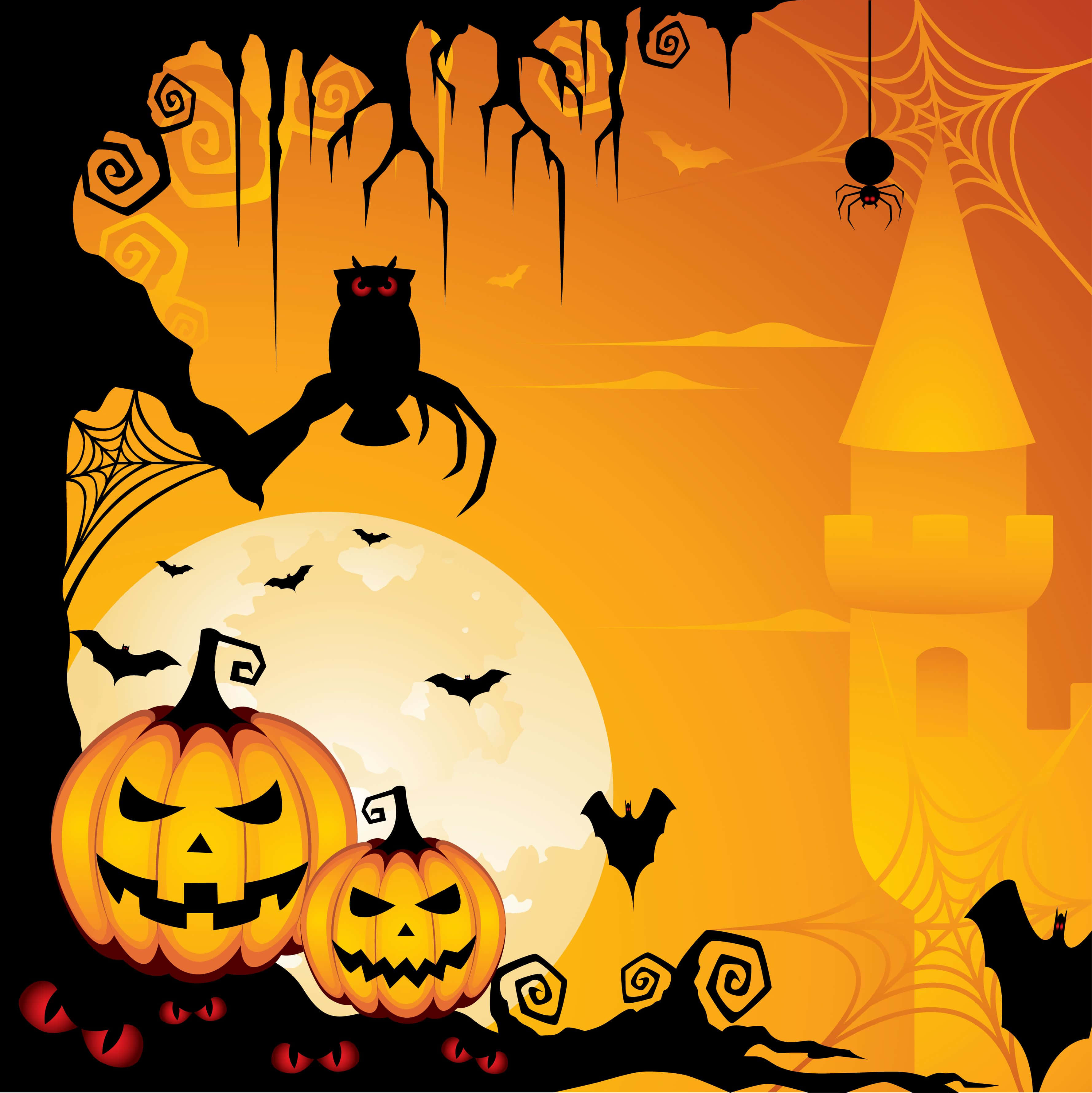 halloween-agtergrond met pampoene en 'n kasteel Muurpapier
