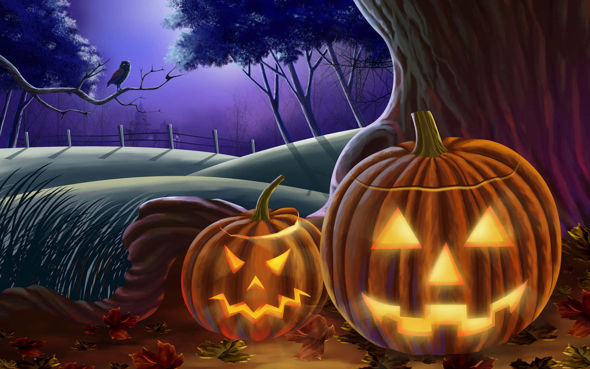 Halloween Pampoen Agtergrond Boom Bas Muurpapier