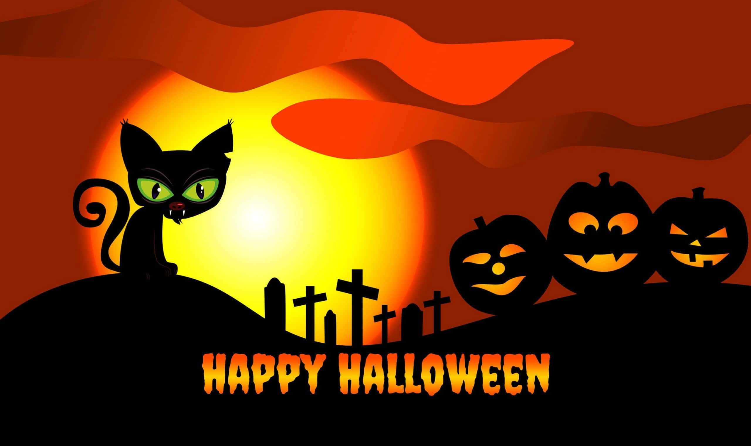 Halloween Spotprent Kat Met Pampoene By Begraafplaas Prent Muurpapier