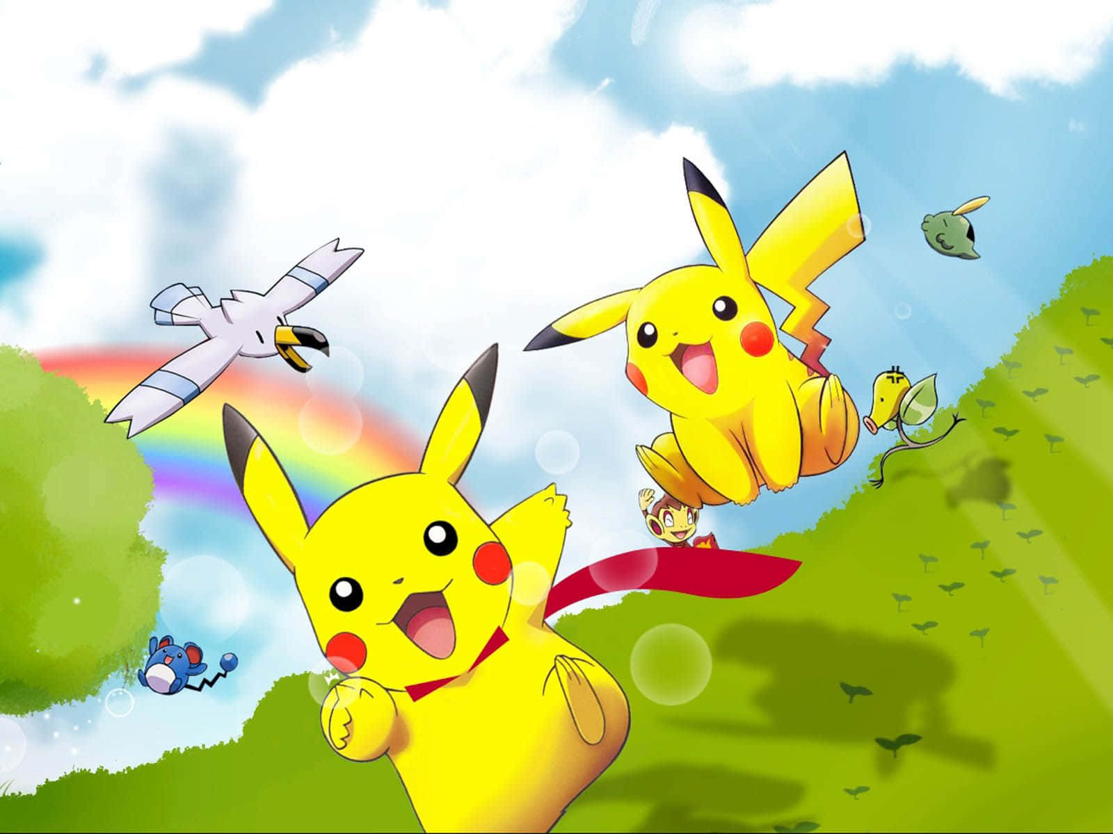 Hand wat 'n Pikachu vashou teen 'n pienk lug Muurpapier