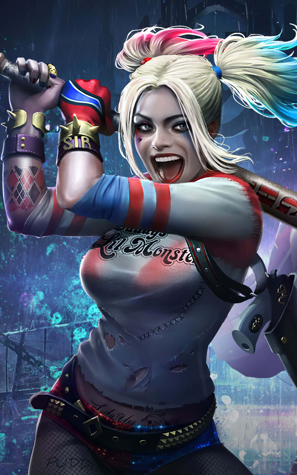 Harleen Quinzel in haar ikoniese voorkoms uit die videospeletjie "Arkham City" Muurpapier