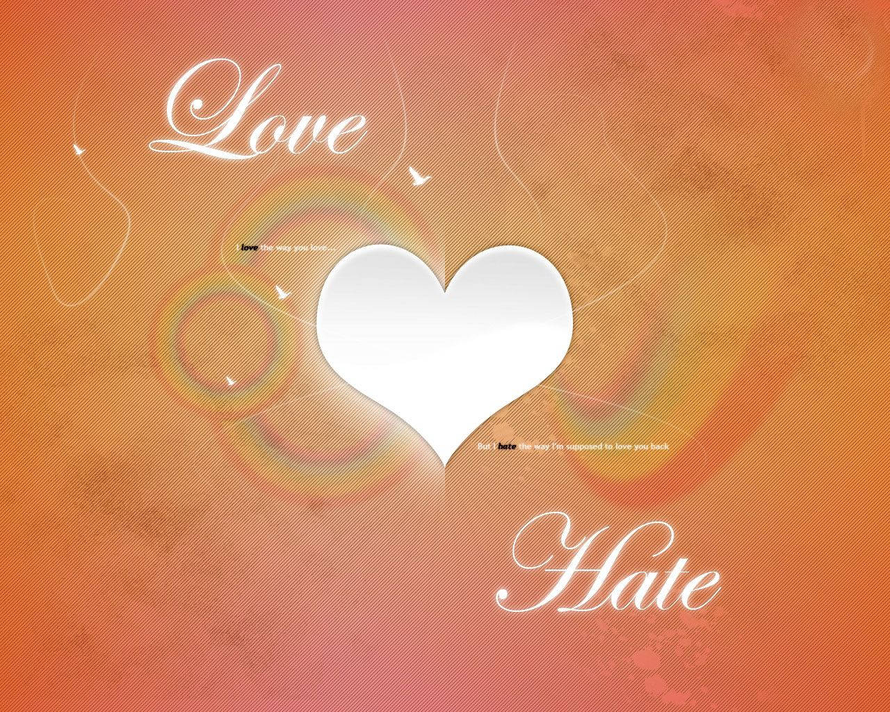 Wit romantiese hart met teks wat "liefde" en "haat" sê op oranje agtergrond met vervaagde reënboë.
