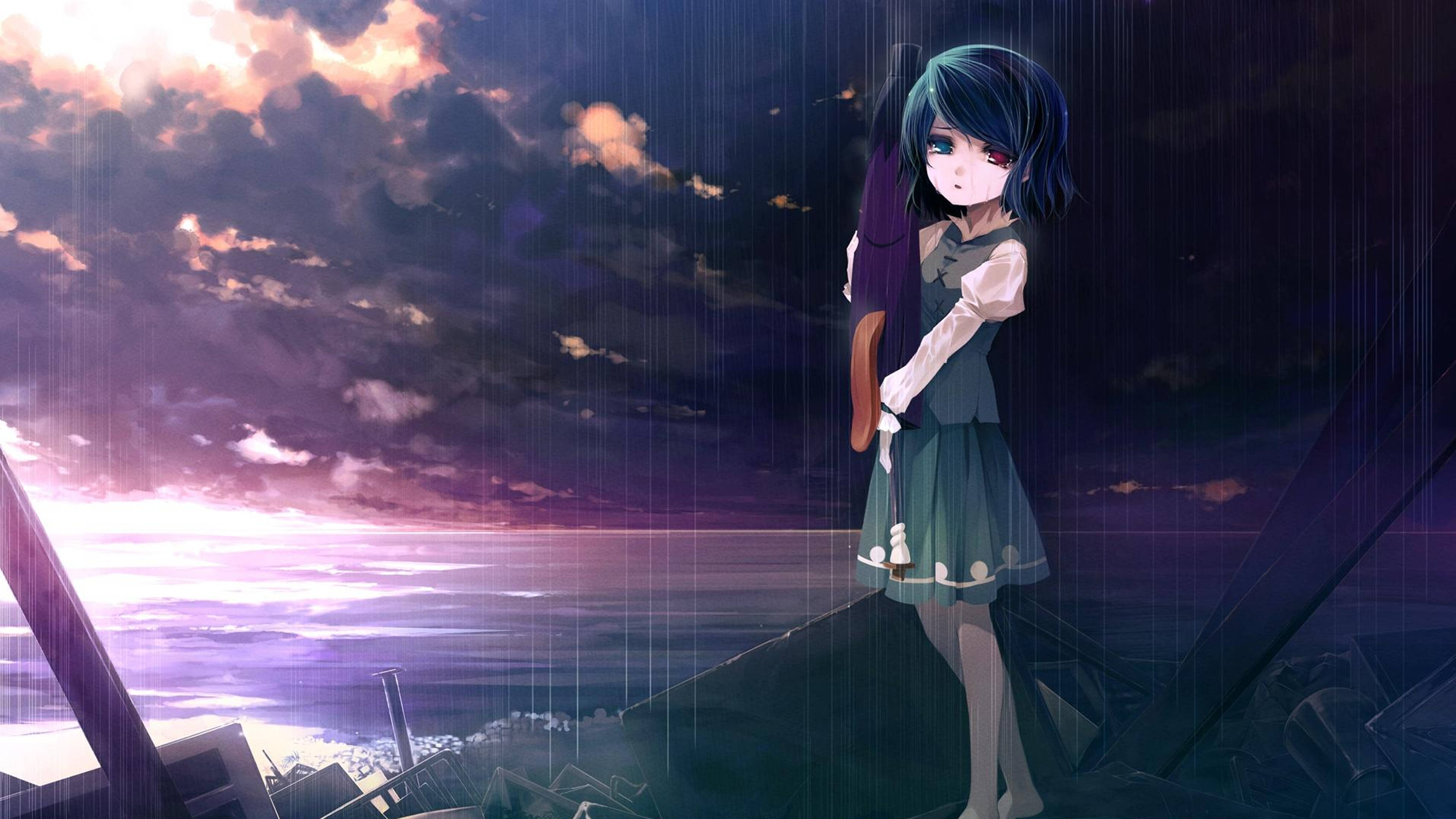 Hartseer Anime 4K Huilende Rooi Oog Meisie Muurpapier