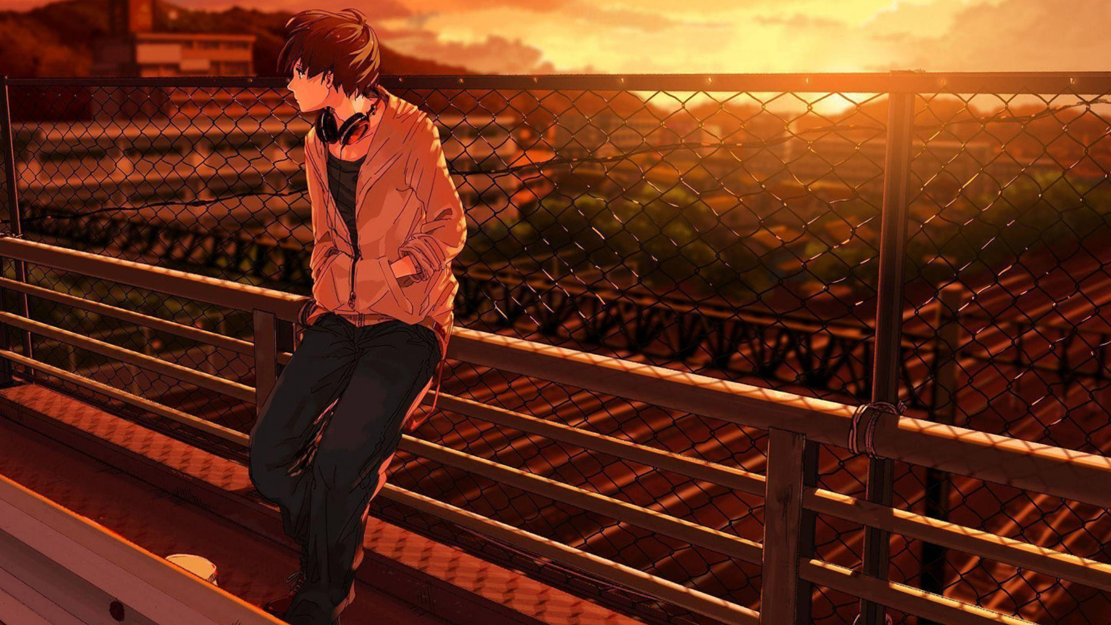 Hartseer Anime 4K Seun Met Oorfone Muurpapier