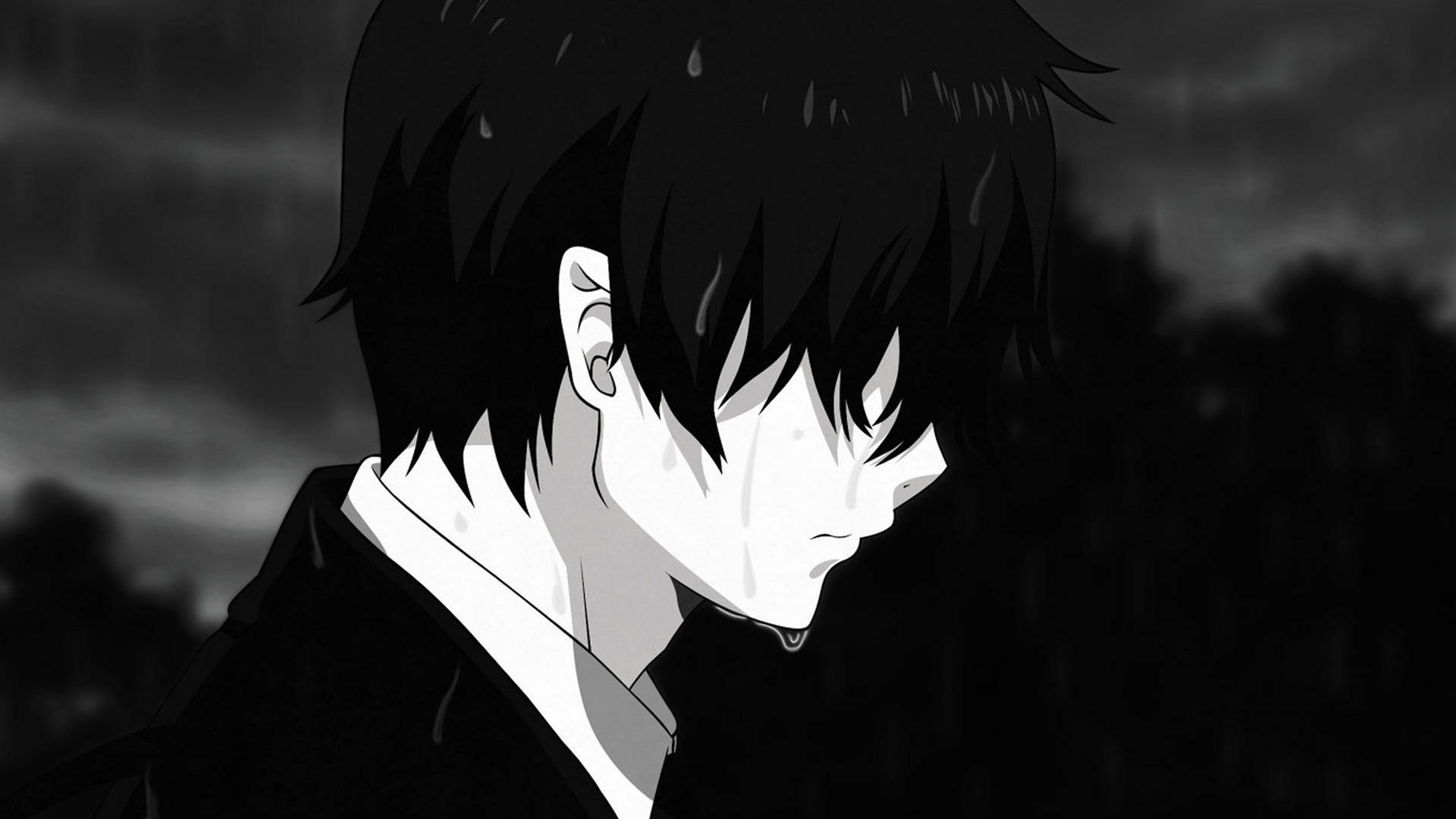 Hartseer Anime 4k Man wat Huil in die Reën
