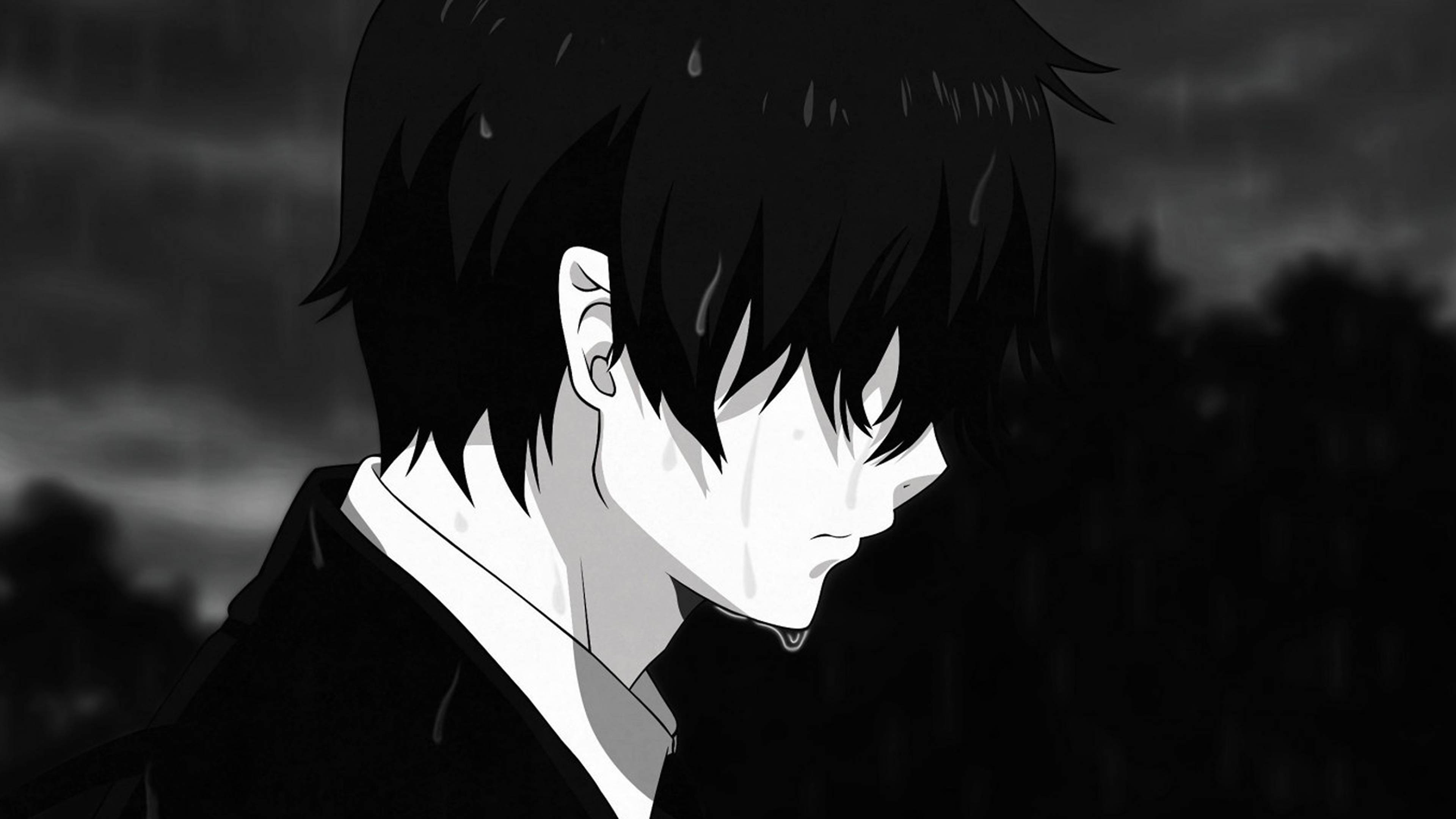 Hartseer Anime 4K Man wat Huil in die Reën Muurpapier