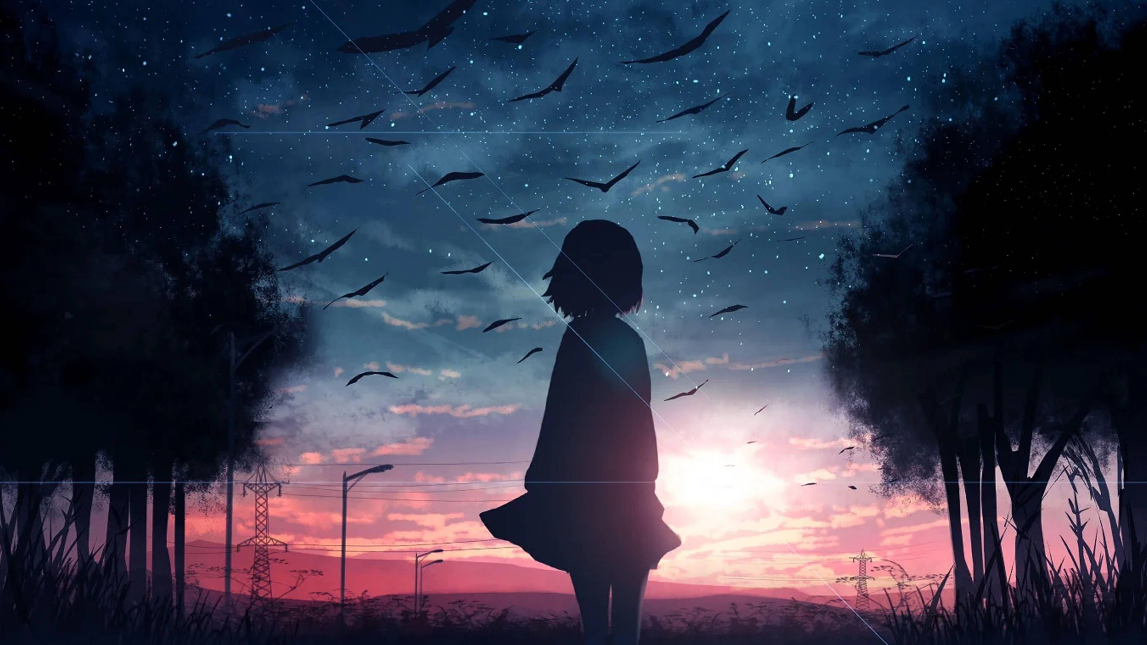 Hartseer Anime 4K Meisie Kyk Na Die Lug Muurpapier