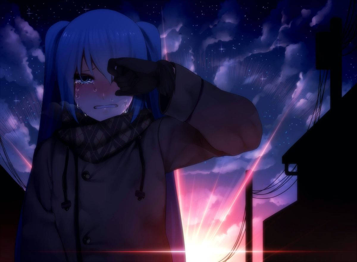 Hartseer Anime Meisie Tydens Sonsondergang Estetika Muurpapier