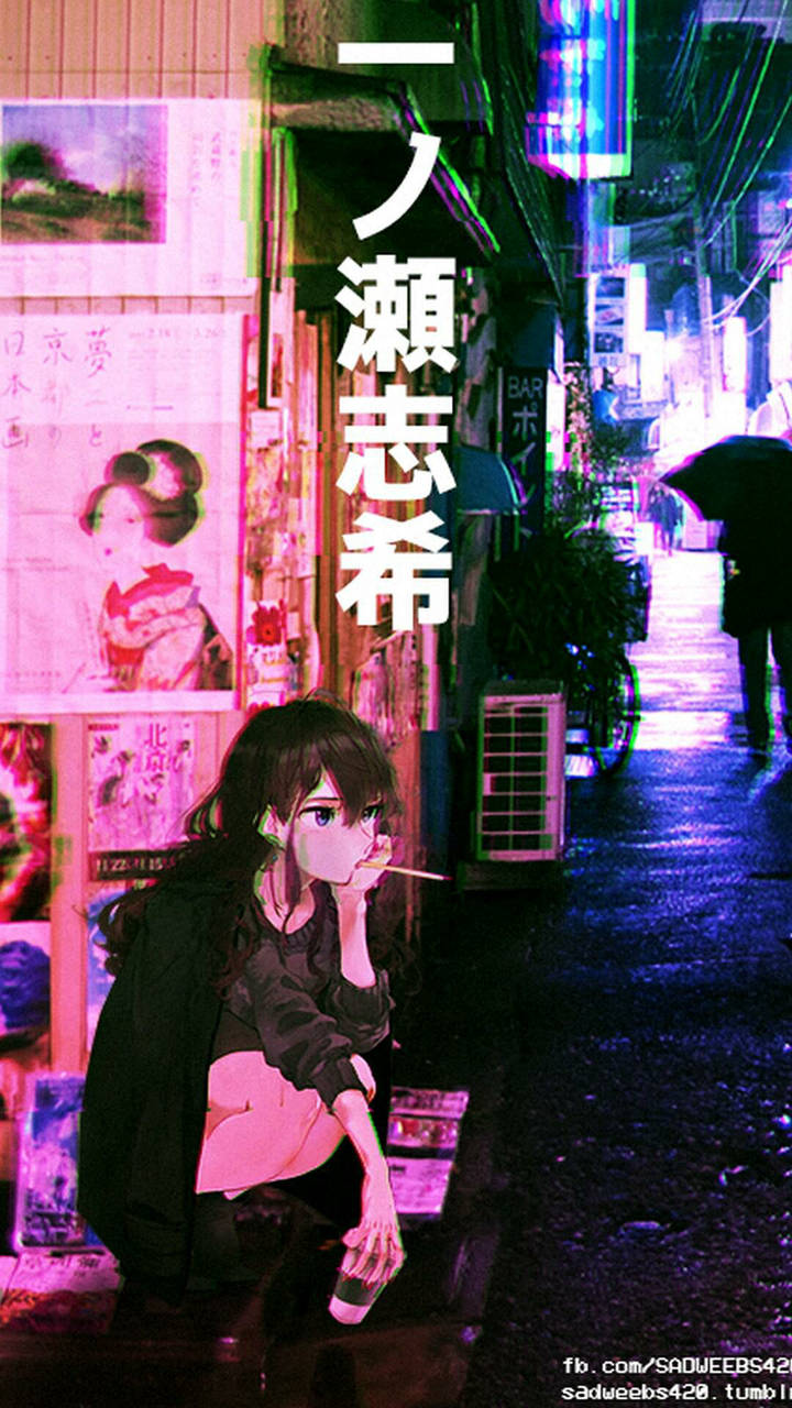 Hartseer Anime Meisie in Japannese Stad Estetika Muurpapier