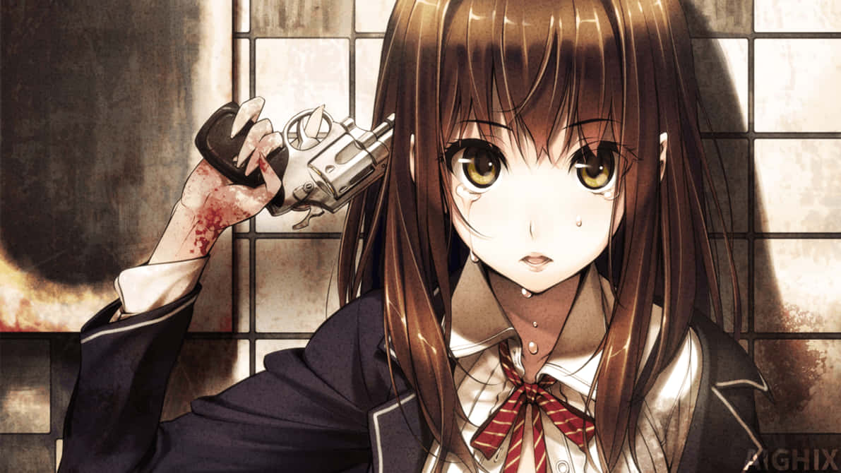 Hartseer anime meisie hou 'n geweer teen haar kop met bloed aan haar hande HD agtergrond.