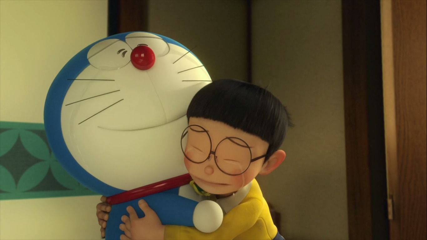 Hartseer Nobita wat Doraemon vashou Muurpapier