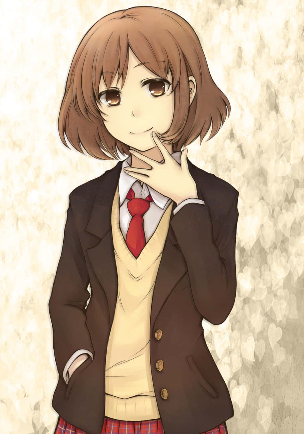 Haruhi Sasaki wat poseer teen 'n skilderagtige agtergrond Muurpapier