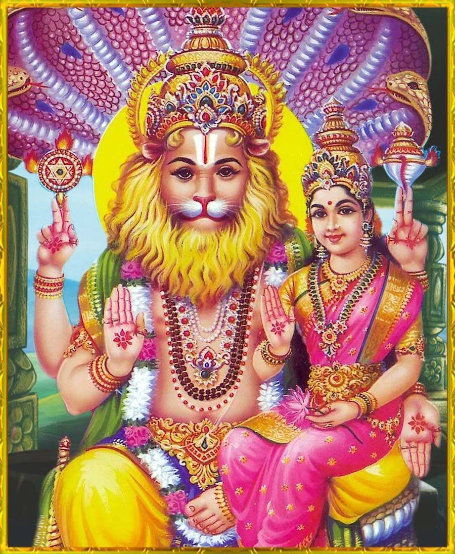 Heer Narasimha En Lakshmi Muurpapier