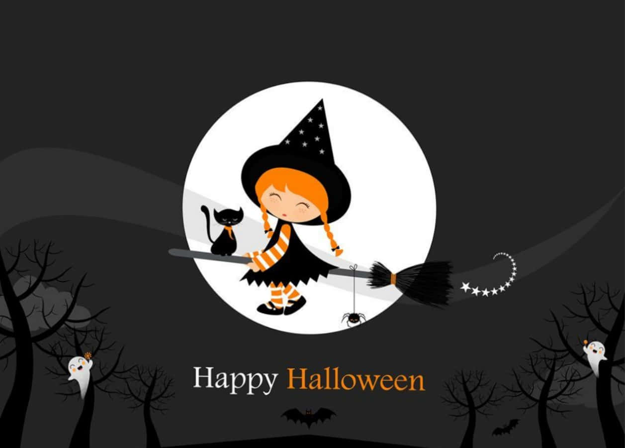 Heksemeisie met Swart Kat op Halloween Prent Muurpapier