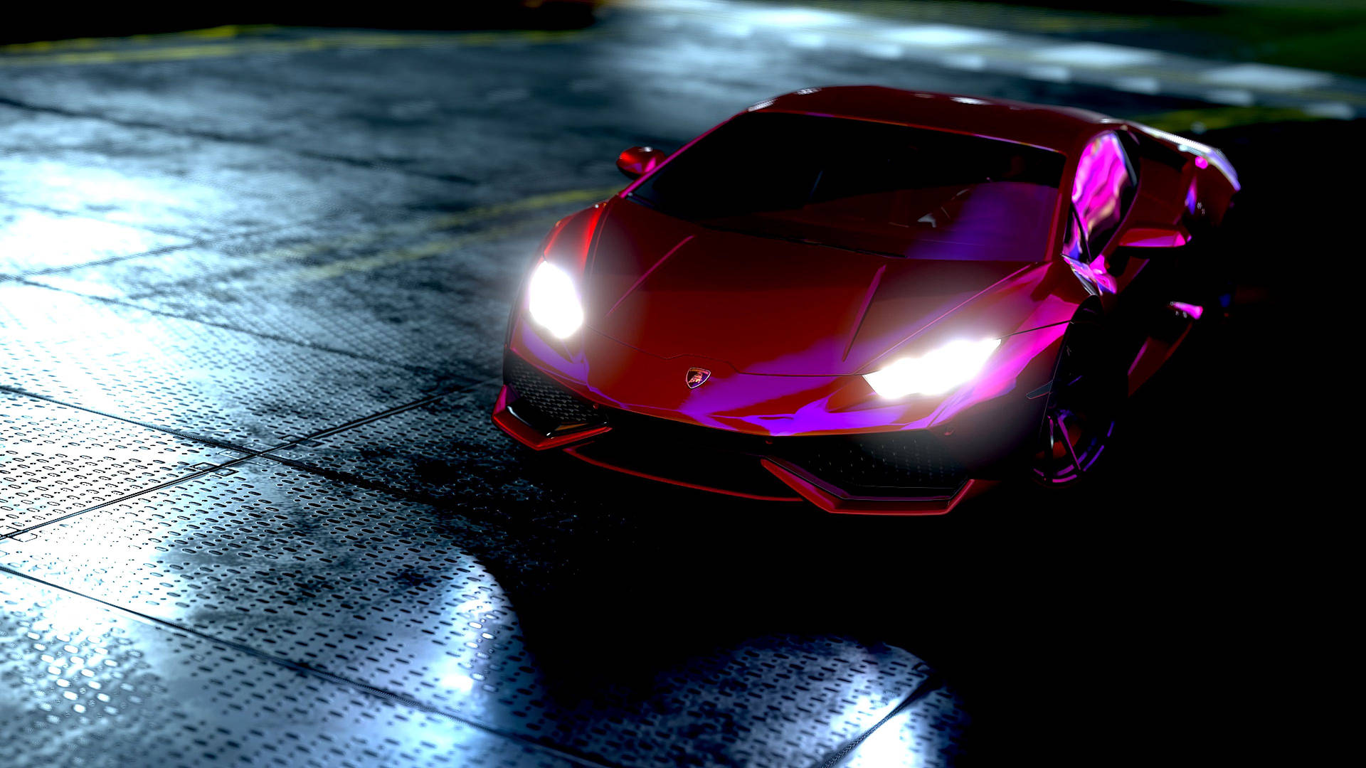 Rooi Lamborghini Huracan op neonligte-agtergrond.